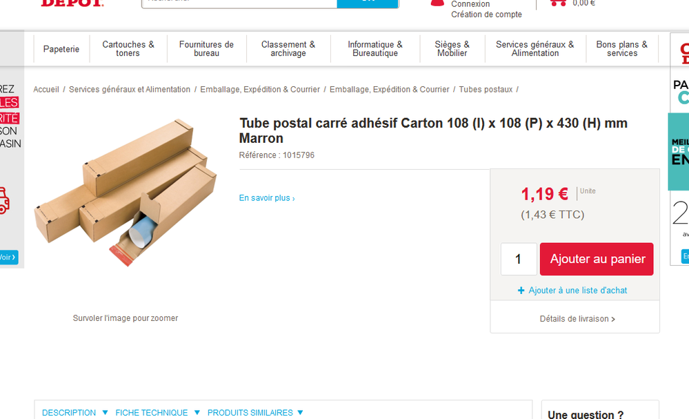 Screenshot_2020-06-24 Tube postal carre adhesif Carton 108 l x 108 P x 430 H mm Marron par Office Depot.png